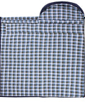 Ultra Roomy Adult Sleeping Bag For Cold Weather Navy Blue With Right Zip 0F Extreme Temperature 30F Comfort 15F Lower Limit XL XXL Plus Size Flannel Lining Anti Snag Zippers Ventilation At Top Or Bottom Ideal For 3 Season Camping shown open with plaid flannel lining