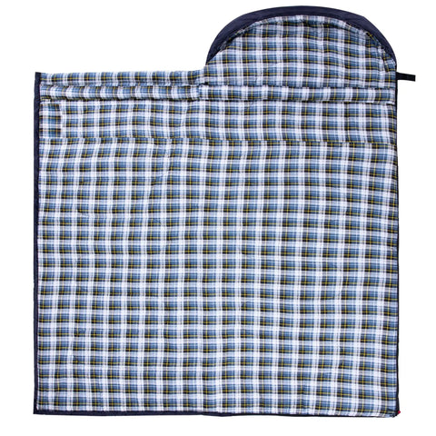 Ultra Roomy Adult Sleeping Bag For Cold Weather Navy Blue With Right Zip 0F Extreme Temperature 30F Comfort 15F Lower Limit XL XXL Plus Size Flannel Lining Anti Snag Zippers Ventilation At Top Or Bottom Ideal For 3 Season Camping shown open with plaid flannel lining