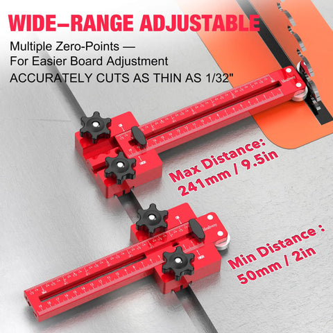 Premium Thin Rip Jig Guide For Table Saw Band Saw And Router Table with adjustable rail showing measurement details.