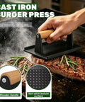 Ultimate 120 Piece Griddle Accessories Kit For Flat Top Grills with cast iron burger press on frying steak