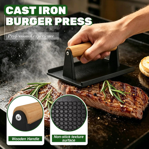 Ultimate 120 Piece Griddle Accessories Kit For Flat Top Grills with cast iron burger press on frying steak