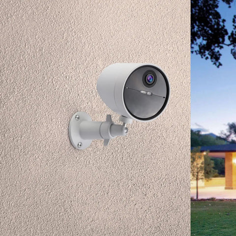Two Pack Wall Mount Bracket For SimpliSafe Outdoor Security Camera 360 Degree Rotating Holder With 1 Quarter Inch Screw Thread Tilt Up To 90 Degrees White Camera Not Included installed on wall