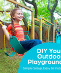Child on a green swing in a backyard playset, showcasing DIY outdoor playground setup with simple installation.