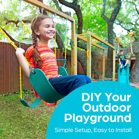 Child on a green swing in a backyard playset, showcasing DIY outdoor playground setup with simple installation.