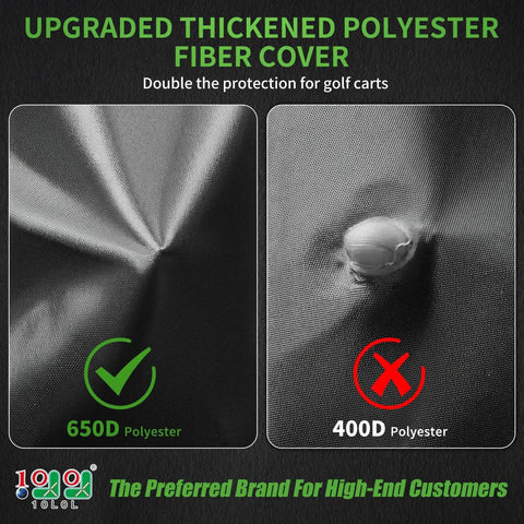 Comparison of upgraded thickened polyester fibers showing 650D vs 400D for Heavy Duty Golf Cart Cover For 2, 4, Or 6 Passengers Universal Fit For EZGO Club Car Yamaha All Weather Weatherproof Outdoor Protection Shield From Sun Rain Snow Dust And More Built To Last