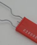 Killer Strength Plastic Wire Padlock Security Seals Sequentially Numbered Pack Of 100 Red Galvanized Steel Hasps shown from side angle.