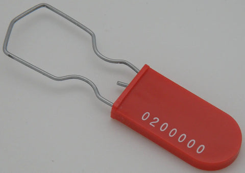 Killer Strength Plastic Wire Padlock Security Seals Sequentially Numbered Pack Of 100 Red Galvanized Steel Hasps shown from side angle.
