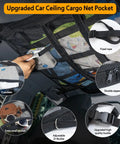 Overhead Vehicle Cargo Net With Three Pockets 31.5 X 21.6 Inch Roof Storage Mesh Organizer installed in car, showing details.