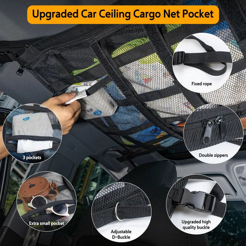 Overhead Vehicle Cargo Net With Three Pockets 31.5 X 21.6 Inch Roof Storage Mesh Organizer installed in car, showing details.