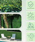 Easy Install Faux Ivy Privacy Screen Made From Artificial Boxwood Roll Panels 48 X 120 Inches Coverage About 40 Sq Ft UV Resistant Durable Green Wall Decor for Indoor Outdoor Gardens Balconies Backyards shown with durability, UV protection, and no smell features highlighted.