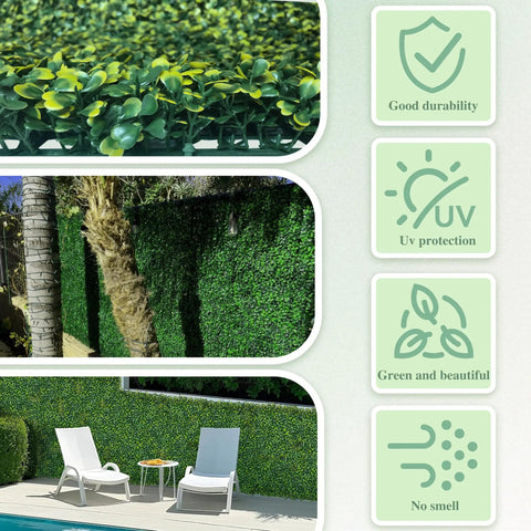 Easy Install Faux Ivy Privacy Screen Made From Artificial Boxwood Roll Panels 48 X 120 Inches Coverage About 40 Sq Ft UV Resistant Durable Green Wall Decor for Indoor Outdoor Gardens Balconies Backyards shown with durability, UV protection, and no smell features highlighted.