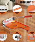 Highlight design of Heavy Duty 13 Inch Vinyl Floor Cutter With Wheels Built Tough For No Sweat Trimming Of LVP LVT VCT SPC WPC Engineered Wood Laminate Cutting Led Light HSS Blade.