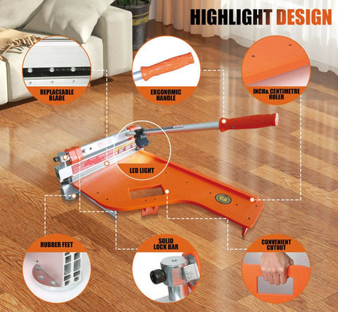 Highlight design of Heavy Duty 13 Inch Vinyl Floor Cutter With Wheels Built Tough For No Sweat Trimming Of LVP LVT VCT SPC WPC Engineered Wood Laminate Cutting Led Light HSS Blade.