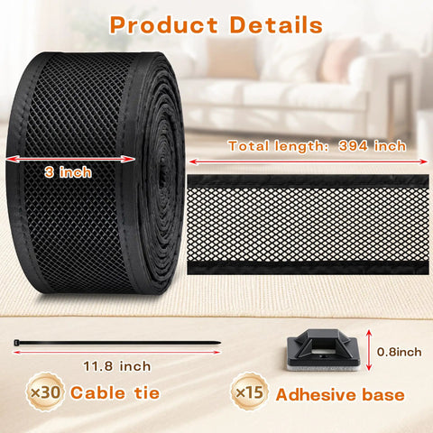Adjustable Under Couch Blocker For Pets Smooth Sliding Barrier to Catch Rolling Toys Remotes on a roll with adhesive bases and cable ties.