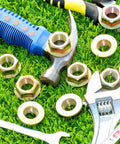 Beefy Hex Flanged Spindle Blade Nut 5/8-18 Thread Set Of 3 Color Galvanized Rustproof with tools on grass surface