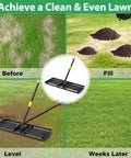 Pro Grade 6 Ft Lawn Leveling Rake With 30x10 Wide Head And Round Edge For Smooth Grass Soil Dirt Sand Yard Grooming Garden And Golf Course No Flip Easy Use shown leveling lawn in progress shots
