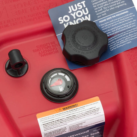 EPA and CARB Certified 6-Gallon Portable Marine Fuel Tank With Gauge In Red, showing gauge and cap details.