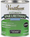 Top Tier Outdoor Spar Gloss Urethane That Absolutely Slaps Tough Waterproof Sealant on Deck Boards Fence Pickets And Patio Tables Quick Dry Water Base Formula Blocks Moisture And UV Rays. Quart size water-based urethane can.