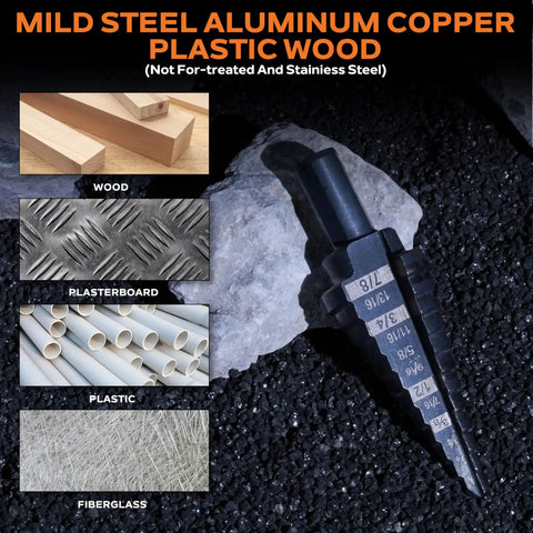 Heavy Duty Step Drill Bit Set 5 Piece Industrial Grade Unibit Kit With 3 Flat Shank High Speed Steel Black Oxide for materials