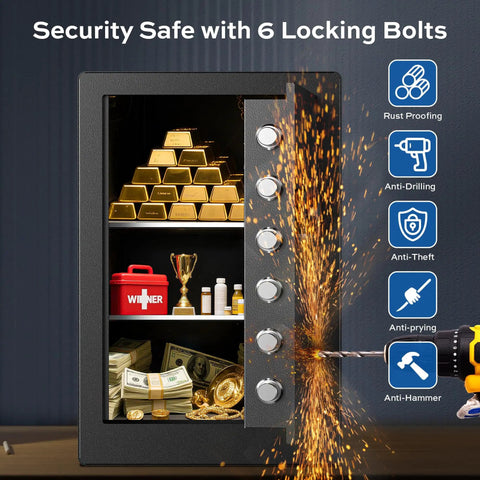 Heavy Duty Steel Home Safe Box 3.0 Cu Ft With LED Light, 6 Locking Bolts, holds gold bars, documents, cash, and a trophy