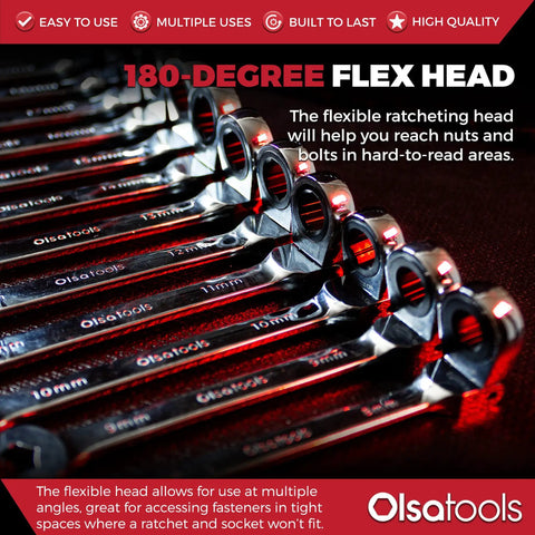 Close-up of Flex Head Ratcheting Wrench Set 12 Piece Metric Six Point Box End With 120 Tooth Precision Gear For Tight Spaces