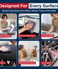 USANOOKS grey microfiber cleaning cloths, 12-pack, six-panel collage of uses on kitchen, screens, and car wheels.