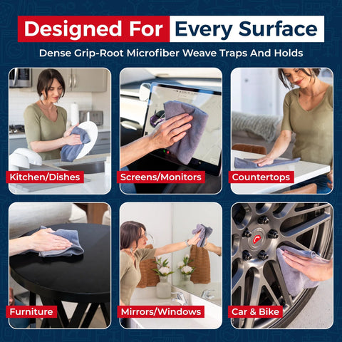 USANOOKS grey microfiber cleaning cloths, 12-pack, six-panel collage of uses on kitchen, screens, and car wheels.