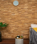 Room with Dope 3D Teak Wood Wall Panels Set Of 10 Handmade Planks For Modern Wall Decor, Natural Teak Finish, no tools required.