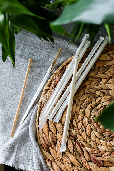 Agave Fiber Straws 1000 Count Individually Wrapped 8.2 Inch Biodegradable Eco Friendly Plant Based Reusable Alternative To Paper And Plastic Straws For Everyday Kitchen And Bar Use, wrapped straws on woven mat