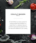 Cole & Mason message on cooking passion, surrounded by garlic, tomatoes, rosemary, and sauce, promoting Pepper Grinder With Adjustable Six Level Grind, Stainless Steel Mill, Gourmet Precision Mechanism, Keeps Pepper Fresh And Aroma Locked, Perfect Kitchen Essential For Cooks And Home Chefs