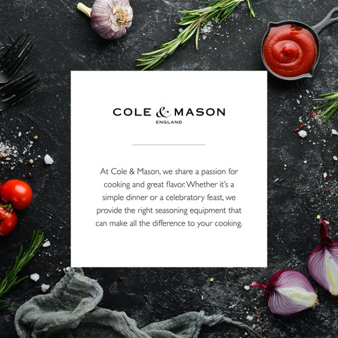 Cole & Mason message on cooking passion, surrounded by garlic, tomatoes, rosemary, and sauce, promoting Pepper Grinder With Adjustable Six Level Grind, Stainless Steel Mill, Gourmet Precision Mechanism, Keeps Pepper Fresh And Aroma Locked, Perfect Kitchen Essential For Cooks And Home Chefs