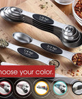 Magnetic Stainless Steel Measuring Spoons Set 8 Pieces With Leveler, black spoons with spices displayed, perfect for baking and cooking