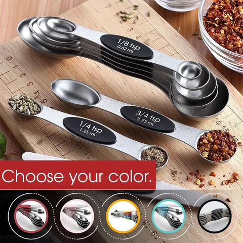 Magnetic Stainless Steel Measuring Spoons Set 8 Pieces With Leveler, black spoons with spices displayed, perfect for baking and cooking