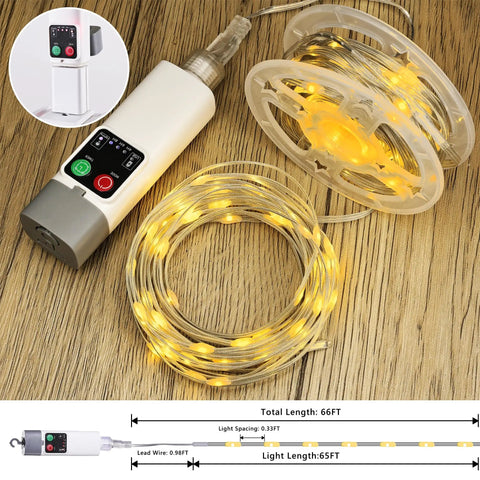 Camping String Lights 33Ft Long With 100 LEDs Rechargeable Outdoor Lights Waterproof USB Powered For Power Bank Or Adapter 13 Modes Warm White Cozy Vibe For Tent Awning Garden Patio And Travel Decor, coiled and plugged into USB power bank on wooden surface