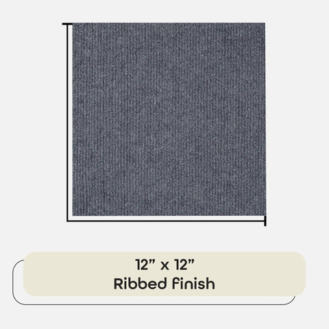 Self Adhesive 12 Inch Carpet Tile Pack With Peel And Stick Flooring For Kitchen, Dining Room, Bedrooms And Bathrooms In Smoke Grey, showing ribbed texture