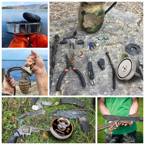 Collage of 1000 Lb Pulling Force Magnet Fishing Kit with various metal objects and neodymium magnet from river treasure hunt.