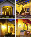 Dusk To Dawn Outdoor A19 Photocell Sensor LED Bulbs 9W 60 Watt Equivalent Daylight 5000K 900 Lumens in various outdoor settings.