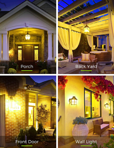 Dusk To Dawn Outdoor A19 Photocell Sensor LED Bulbs 9W 60 Watt Equivalent Daylight 5000K 900 Lumens in various outdoor settings.
