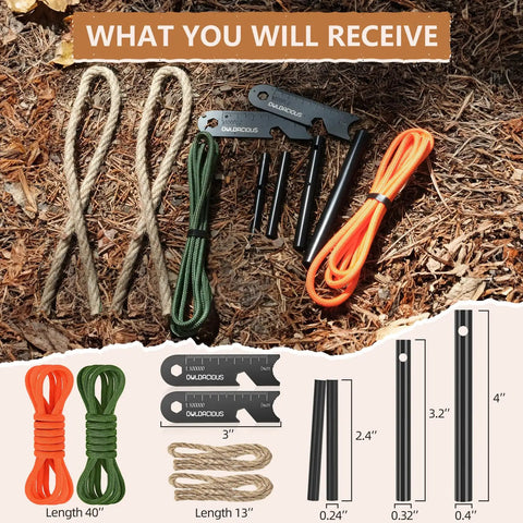 Beast Fire Starter Survival Kit with ferro rods, strikers, paracords, and tinder wicks for camping and outdoor adventures.