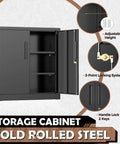 Locking Metal Storage Cabinet With Two Shelves And Locking Doors In Black Steel For Office Garage Or Home shown with open and closed door details