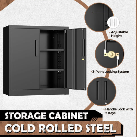 Locking Metal Storage Cabinet With Two Shelves And Locking Doors In Black Steel For Office Garage Or Home shown with open and closed door details