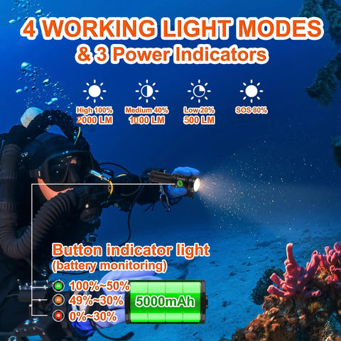 Diver using Beast 2000 Lumen Scuba Dive Light With Four Modes IP68 Waterproof USB Rechargeable Torch underwater.