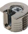 Pro Grade Zinc Cam Lock Connectors For 19mm Panels, Drop In Ridge System Six Hardware, Nickel Plated Furniture Fasteners close-up.