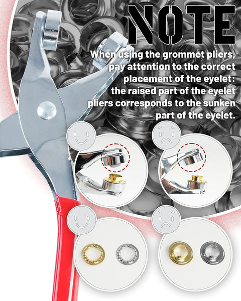 Instructions on using the 150 Piece Grommet And Eyelet Kit With Leather Hole Punch Pliers 1/2 Inch Eyelets And Grommets in Gold and Silver.