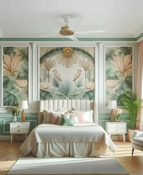 Swanky Speakeasy 60 Inch Indoor Ceiling Fan With Matte White Finish Universal Mount And 5 Inch Downrod Featuring Hybrid Resin Airfoils A Quiet Seven Speed Brushless Motor in a stylish bedroom.