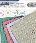 Total Bath Upgrade Slick Non Slip Shower Mat With Rock Solid Suction Cups And Quick Drain Holes For Fast Drying Soft Machine Washable Bathroom Floor Rug Clear Square Design That Keeps You Safe And Zero Sweat All Day Long in assorted colors and textures.