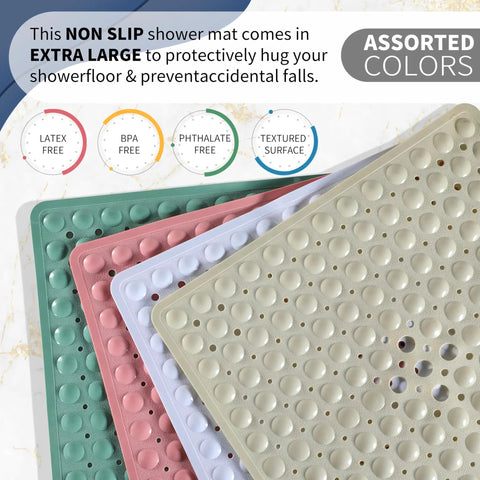 Total Bath Upgrade Slick Non Slip Shower Mat With Rock Solid Suction Cups And Quick Drain Holes For Fast Drying Soft Machine Washable Bathroom Floor Rug Clear Square Design That Keeps You Safe And Zero Sweat All Day Long in assorted colors and textures.
