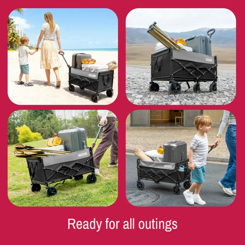 Collapsible Wagon Cart Foldable And Portable Rolling Shopping Cart with wheels, black, holds luggage for all-terrain use.