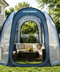 10x10 Pop Up Screen House Tent With Mesh Walls, Waterproof Instant Gazebo on patio with wicker furniture and drinks inside