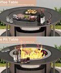 37 Inch Smokeless Fire Pit Tabletop For Outdoor Patio Made Of Stainless Steel Wood Burning With Weather Resistant Cover Includes Low Smoke Fire Ring And Double Wall Ventilation For Fuller Burn And Chill Vibes For Gatherings, shown as a coffee table and a fire pit.